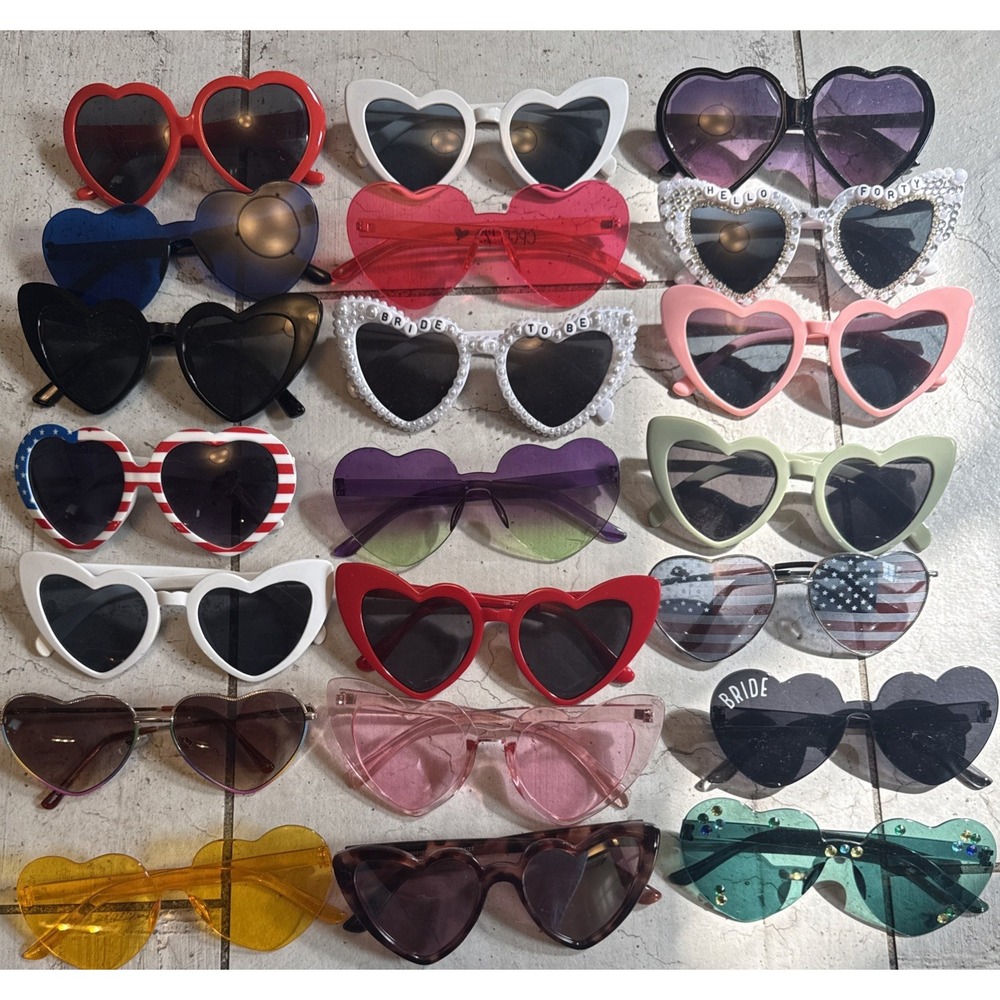 Lot Of 21 Pairs of Heart Shaped Fashion Sunglasses- Great variety of Colors!